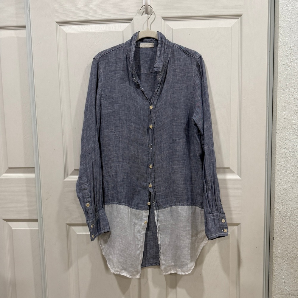 CP Shades Linen Button Down Shirt Blue White Colorblock Size S Made in USA